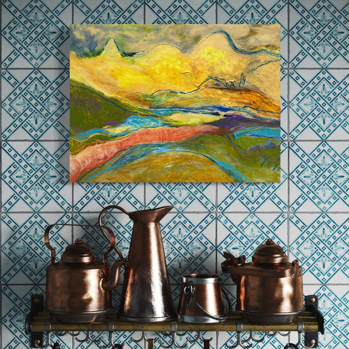 The artwork 'Golden Rod' by Beth Barry features vibrant fluid acrylic strokes depicting an abstract landscape with flowing curves in yellow, turquoise, and coral hues. Dynamic brushwork creates undulating mountains and valleys, with golden sunlight streaming across verdant terrain. 18x24 inches acrylic on canvas by Beth Barry.