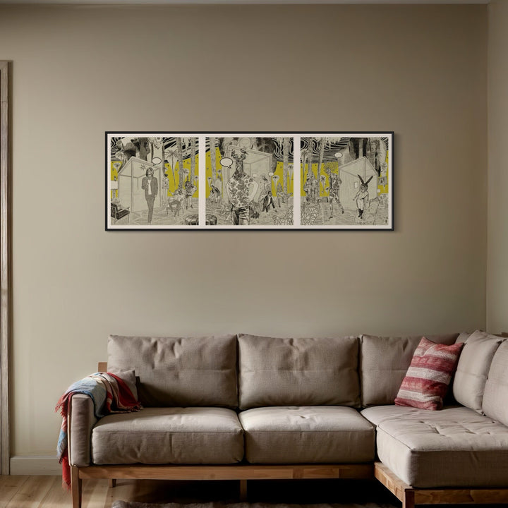 The artwork 'Good Night Hotel Triptych' by Steve Moors features a monochromatic three-panel illustration with striking yellow accents. The digital artwork displays abstract architectural elements and geometric patterns in black and white, creating a modern urban narrative across the horizontal composition. Printed on museum-grade paper in contemporary graphic style. By Steve Moors.