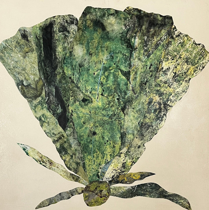 The artwork 'Green Sea Fan 1' by Sunny Chapman features a fan-shaped marine form in rich emerald and sage tones, created using acrylic and collaged alchemic prints. The textured composition displays a delicate organic structure with intricate patterns reminiscent of underwater coral formations, set against a neutral background on a 12x12 inch wood panel.