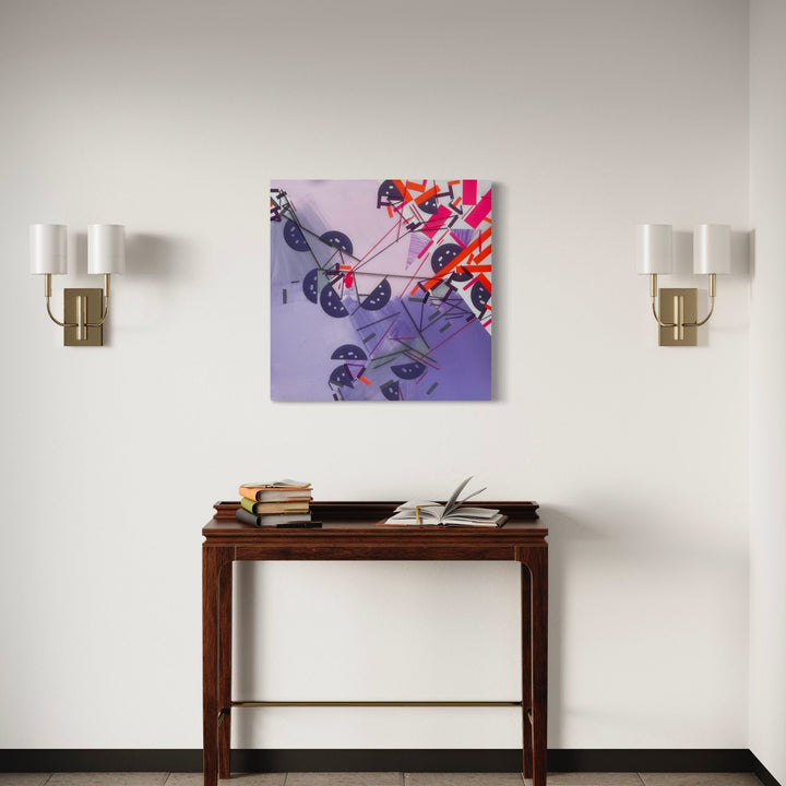 The artwork 'Haarisuut' by Philippe Halaburda features dynamic geometric shapes and curving lines on a lavender background. Abstract red and pink angular forms contrast with flowing smoky grey swirls, creating a modern mixed media composition. The 30x30 inch piece combines bold graphic elements with subtle organic movement.