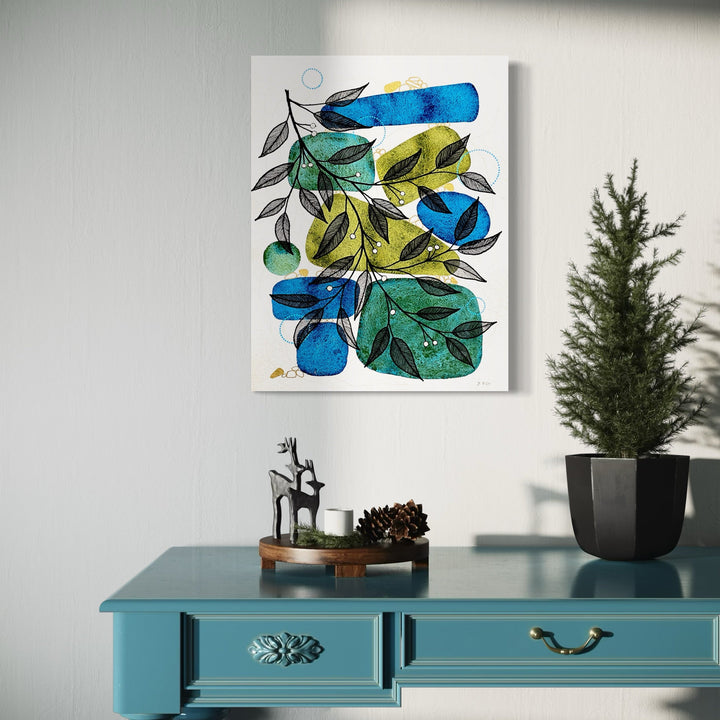 The artwork 'Harmonious' by Jocelyn Benford features a dynamic composition of organic shapes with vibrant turquoise blue forms intertwining with chartreuse green leaves, rendered in fluid watercolor and mixed media. Black ink outlines create botanical elements against white paper, expressing a natural, flowing aesthetic. 30x23 inches watercolor artwork by Jocelyn Benford.