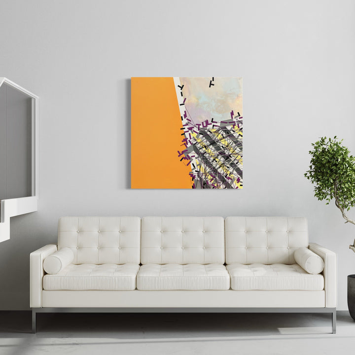 The artwork 'Hlf Ziyynn' by Philippe Halaburda features a bold geometric composition with a vibrant orange block dominating the left side, contrasting with delicate abstract patterns in purple, yellow, and white on the right. The mixed media piece showcases angular lines and dynamic marks creating a modernist urban feel against a soft pastel background, 36x36 inches by Philippe Halaburda.