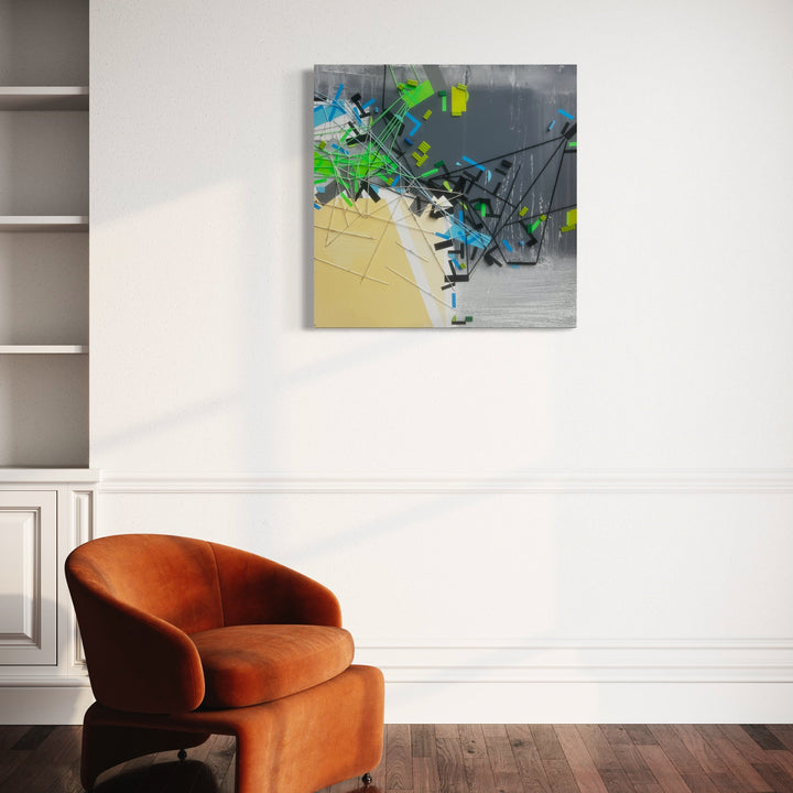 The artwork 'Hoaary Aerrvvo' by Philippe Halaburda features an abstract mixed media composition with dynamic geometric shapes in vibrant turquoise, neon green, and black against a contrasting grey and beige background. Bold brushstrokes and angular lines create an explosive movement, suggesting urban energy and contemporary design aesthetics. 36x36 inches by Philippe Halaburda.