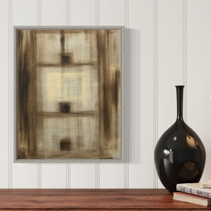 The artwork 'Holding Patterns-1' by Cora Jane Glasser features abstract geometric forms in muted sepia and cream tones. The oil on stretched linen painting displays a series of blurred rectangular shapes arranged vertically, creating a subtle depth effect through layered brushwork. The composition evokes a sense of architectural elements seen through a misty window.