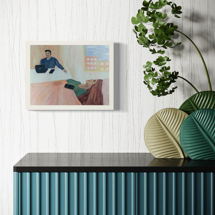 The artwork 'Hot Line' by Ali Ha features a contemporary oil painting depicting a person seated at a desk in a minimalist interior setting. The composition uses soft pastel tones of pink and blue, with architectural elements visible through a window. The 11x14 inch canvas showcases a modern style with simplified forms and muted color palette. By Ali Ha.