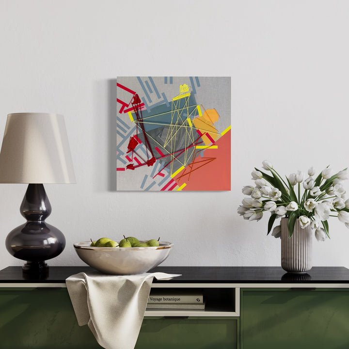 The artwork 'Iisthhmell' by Philippe Halaburda features dynamic geometric shapes in vibrant red, yellow, and gray tones, interconnected by delicate yarn lines on a square canvas. Abstract patterns merge with tape elements creating a contemporary urban aesthetic, while acrylic paint adds textural depth to this 20x20 inch mixed-media composition - Philippe Halaburda