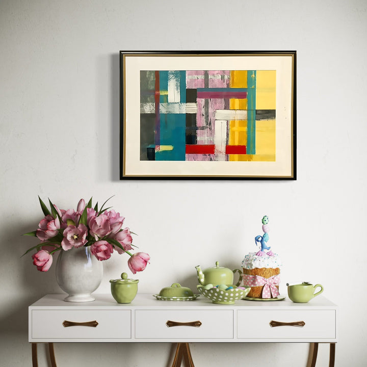 The artwork 'Inside Out 185' by Don Wass features a vibrant abstract composition with geometric blocks of color including teal, yellow, red, and white. Bold brushstrokes create textural elements across the canvas, while overlapping rectangular shapes suggest depth and movement. The acrylic painting on paper, professionally framed, showcases a modern, minimalist aesthetic.