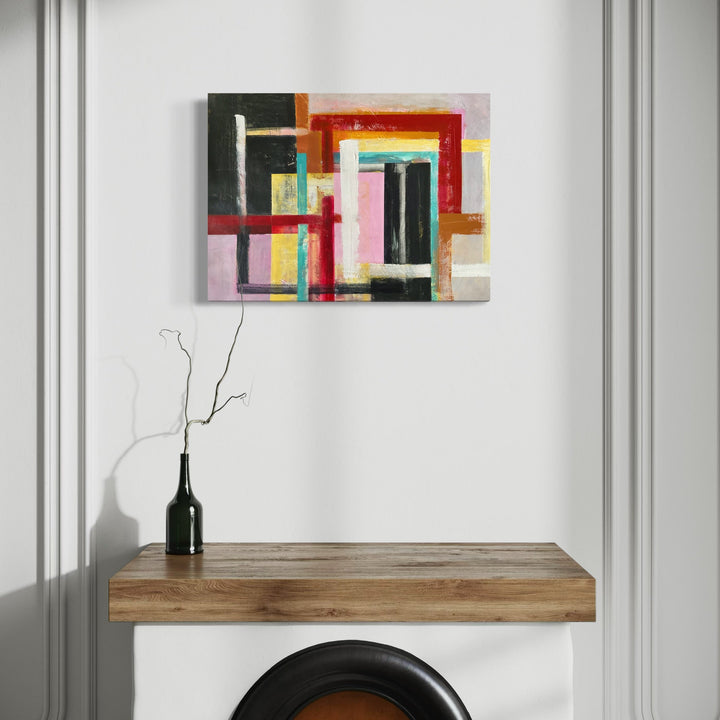 The artwork 'Inside Out 217' by Don Wass features an abstract geometric composition with overlapping rectangular shapes in vibrant colors including red, pink, yellow, and black. The acrylic on paper piece showcases bold brushstrokes and layered forms creating a dynamic modern composition with architectural elements, measuring 22 x 30 inches. By Don Wass.