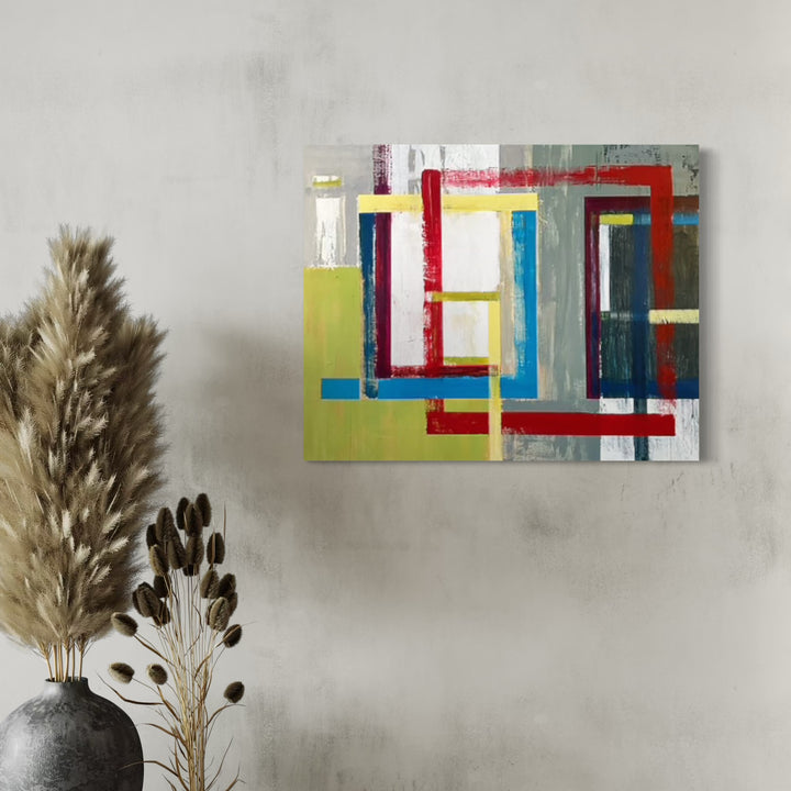 The artwork 'Inside Out 232' by Don Wass features bold geometric abstract composition with interconnecting rectangular shapes in vibrant red, blue, yellow, and white against a muted gray background. Modern minimalist acrylic painting on canvas showcasing clean lines and color blocking with architectural elements.