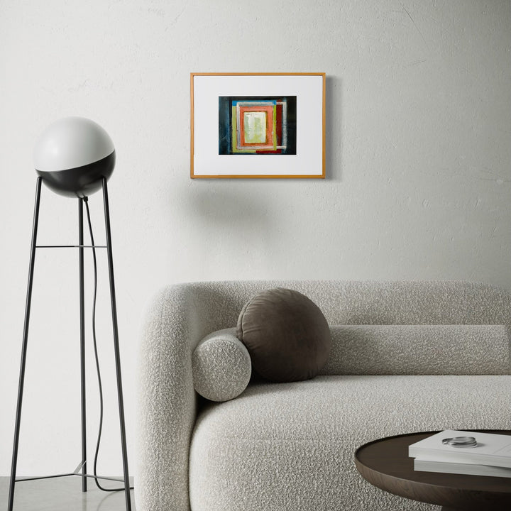 The artwork 'Inside Out 34' by Don Wass features concentric rectangular frames in vibrant green, orange, and yellow hues, creating a tunnel-like perspective effect. Rendered in acrylic on paper, the abstract composition is elegantly presented in a wooden frame against a white matting, measuring 14x18 inches. Created by Don Wass.