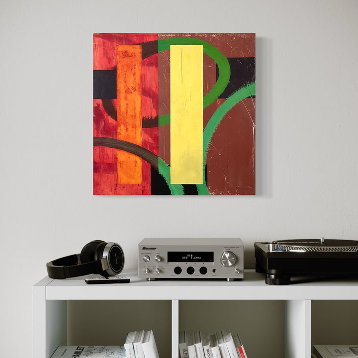 The artwork 'Early Inside Out' by Don Wass features bold geometric abstractions with vibrant orange, yellow, and green curved forms against a deep brown and black background. The acrylic painting showcases dynamic vertical stripes intersected by sweeping arcs, creating a modern compositional rhythm. The textured brushwork and contrasting colors create a sense of depth and movement in this contemporary piece.