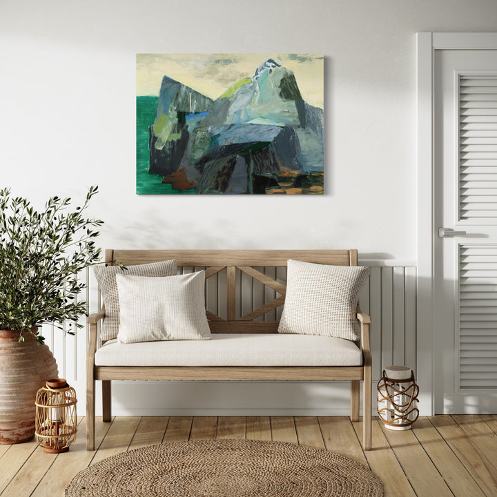 The artwork 'Interior' by Marianne Barcellona features bold abstract mountainous forms in shades of slate gray and ice blue against a vibrant emerald green background. The oil painting captures rugged, angular shapes with expressive brushstrokes creating a dramatic landscape composition. The textural application of paint adds depth and movement to the 30x40 inch canvas.