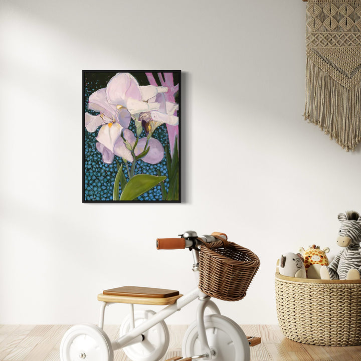 The artwork 'Iris with Blue' by Cristi Lyon features delicate white and pink iris blooms against a vibrant turquoise dotted background. The oil painting showcases graceful flower petals with subtle purple undertones, green stems and leaves. Executed in impressionistic style on paper, the 30x22 inch piece combines botanical realism with decorative patterning.