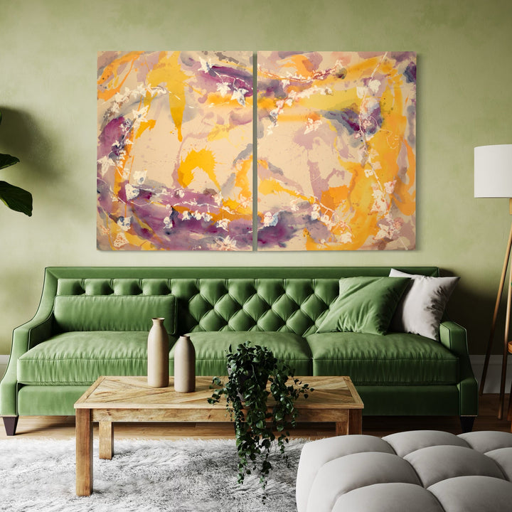 The artwork 'Ivy Traipse' by Molly Herman features a vibrant abstract diptych with dynamic brushstrokes in golden yellow and deep purple hues. The acrylic and oil on canvas composition creates fluid, organic movements across two panels, with ethereal washes and bold gestural marks interweaving against a warm beige background, sized 50x80 inches.