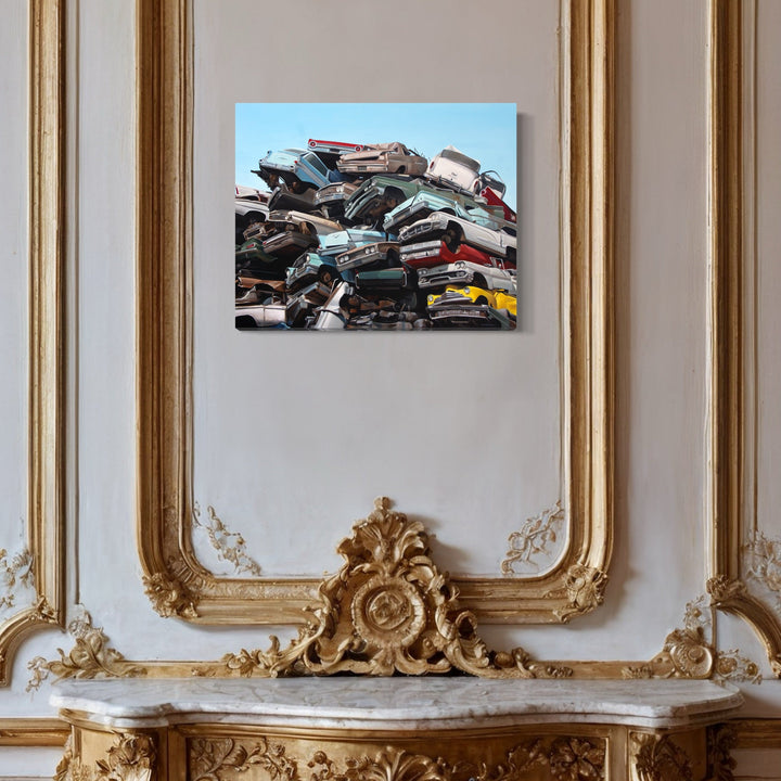 A photo of the artwork JUNKYARD, by Alex Devereux, hanging on a wall.