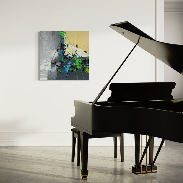 The artwork 'Jejuud Piyaa' by Philippe Halaburda features dynamic abstract composition with vibrant green accents against gray and beige backdrop, displayed above a grand piano in a minimalist white room. Mixed media on 36x36 inch canvas showcases geometric forms and expressive brushstrokes, creating a striking modern artistic statement by Philippe Halaburda.