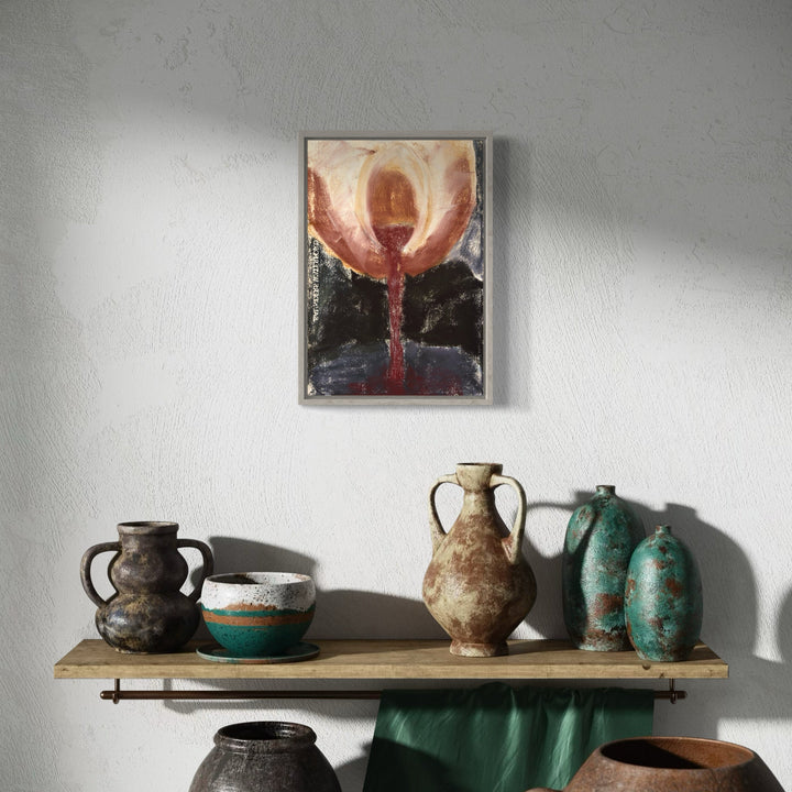 The artwork 'Jug and Red Liquid' by Todd Gilens features a striking abstract composition with a glowing amber vessel pouring deep crimson liquid against a dark background. The dry pigment on paper creates a dramatic contrast between light and shadow, with rich textural details. The piece measures 11 inches high by 16 inches wide and showcases an ethereal, flowing quality.