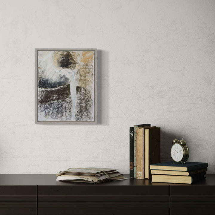 The artwork 'Jug with Milk' by Todd Gilens features an abstract composition depicting a flowing white stream against a textured dark background, accented with golden tones. The dry pigment on paper creates a striking contrast between light and shadow, measuring 11.25 x 14 inches, framed in a simple grey border, capturing the essence of fluid movement. By Todd Gilens.