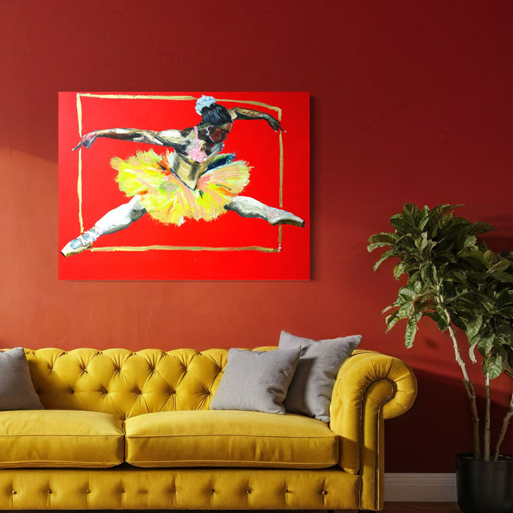 The artwork 'Jump' by Brandon Gastinell features a dynamic figure in mid-leap against a vibrant red background, wearing a flowing yellow tutu. The oil pastel on canvas piece captures graceful movement through bold strokes and contrasting colors. The composition is framed by a minimalist golden border, creating dramatic visual impact at 36x48 inches.