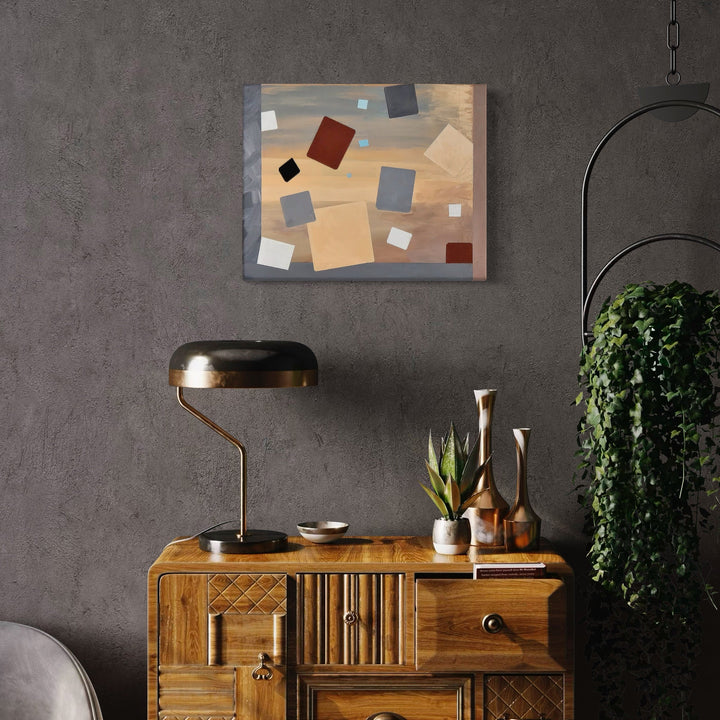 The artwork 'Landscape at Sunset' by Vanessa Ryan features an abstract geometric composition with floating squares and rectangles in warm beige, burgundy, and grey tones against a muted background. The 16x20 inch acrylic painting creates a dynamic spatial arrangement, with angular shapes appearing to drift across the canvas surface in a modernist style.