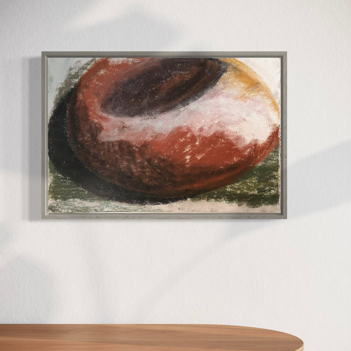 The artwork 'Large Container' by Todd Gilens features an abstract organic form rendered in rich earth tones. A curved, vessel-like shape dominates the composition, executed in deep burgundy and rust colors with dark shadows and white highlights. The textured dry pigment technique creates a weathered, natural effect against a subtle moss-green background