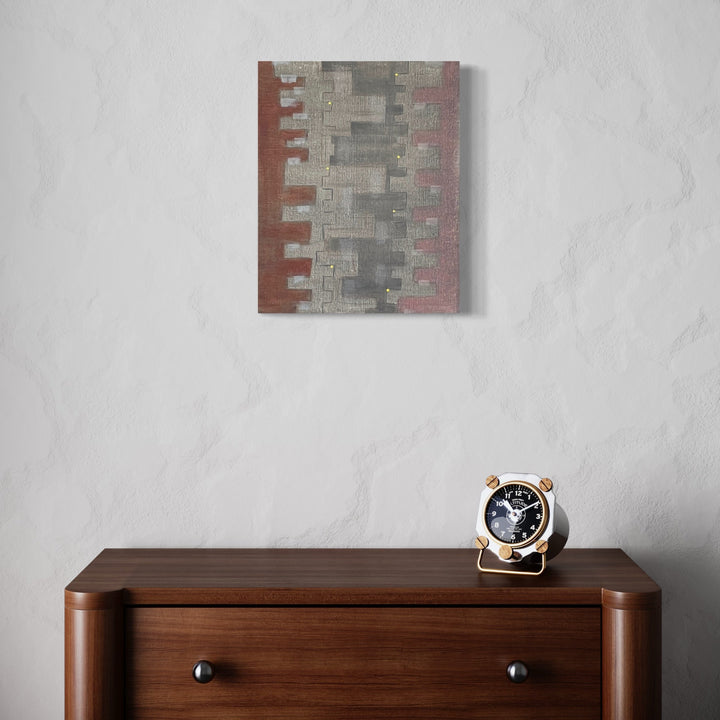 The artwork 'Light A Candle-8' by Cora Jane Glasser features an abstract geometric composition in muted tones of gray, dusty rose, and brown. Rectangular shapes create a stepped pattern across the canvas, with subtle textural variations in the oil paint on linen. The piece demonstrates a modernist architectural aesthetic measuring 20x16 inches.