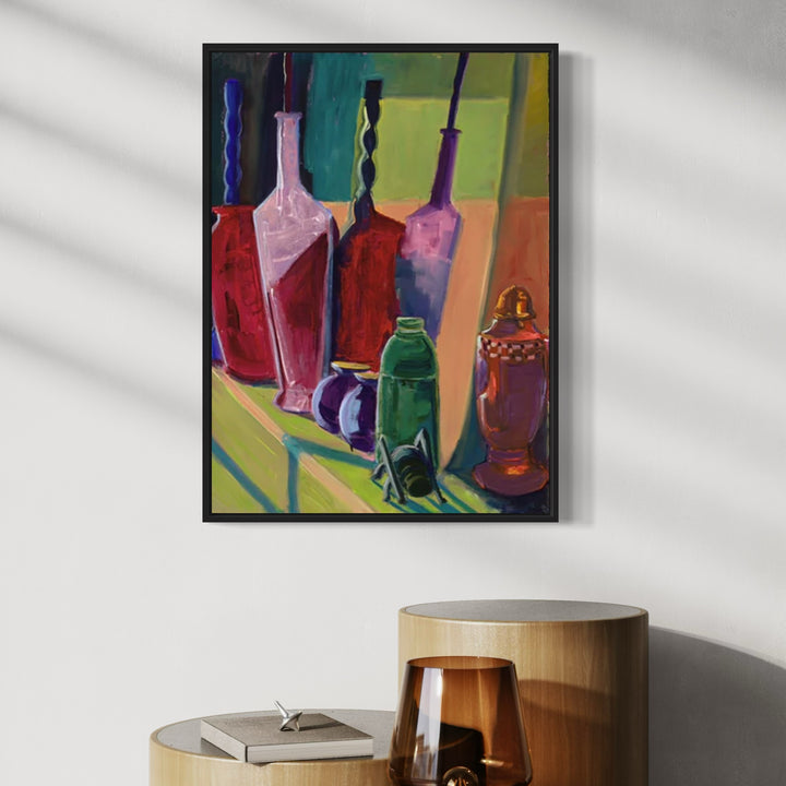 The artwork 'Light Show' by Cristi Lyon features vibrant glass bottles and vases arranged in a row, casting dramatic shadows. Red wine bottles, a pink vessel, and a decorative green bottle stand against a warm-toned background with lime green accents. The oil painting on paper captures light playing through translucent glass, creating a luminous still life composition by Cristi Lyon.