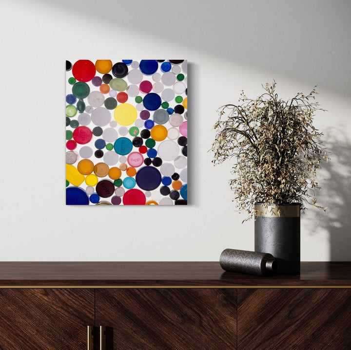 The artwork 'MDC' by Dirk Westphal features a vibrant abstract composition of multicolored circles in varying sizes. The pattern includes bold primary colors - red, blue, and yellow - along with soft pastels and neutral tones, creating a dynamic polka dot design against a white background. The signed photo captures a playful, modern aesthetic measuring 24x20 inches.