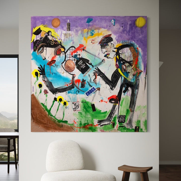 The artwork 'Me Too' by Cavier Coleman features an expressive abstract composition with vibrant figures in gestural strokes against a dynamic background of purple, turquoise, and green. The mixed-media piece combines collaged maps with bold acrylic and oil paint, creating energetic forms with yellow accents and organic shapes on a 64x64 inch canvas.