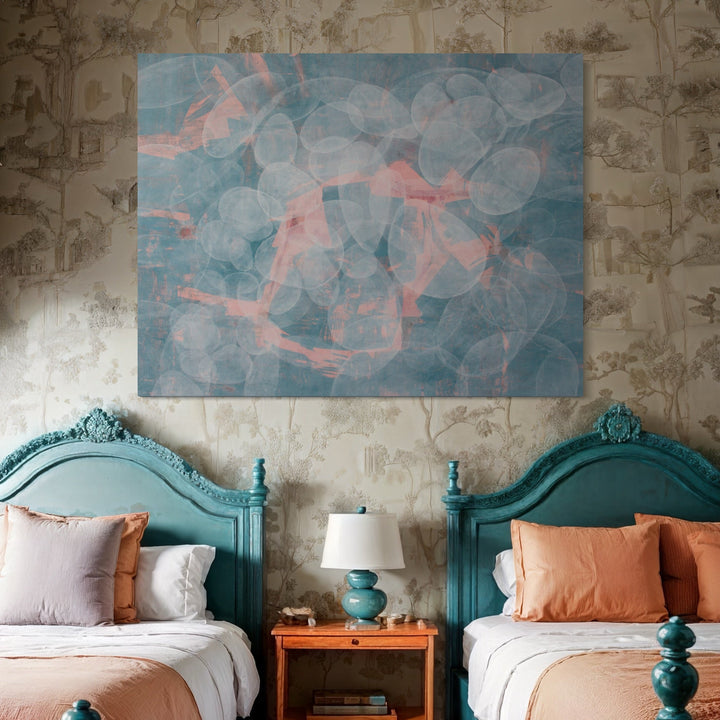 The artwork 'Meditation 23.1' by Carin Kulb Dangot features ethereal overlapping translucent circles in soft blue tones with subtle coral pink accents. The abstract composition creates a dreamy, floating effect across the large-scale canvas, suggesting a sense of tranquility and movement through layered acrylic brushstrokes.