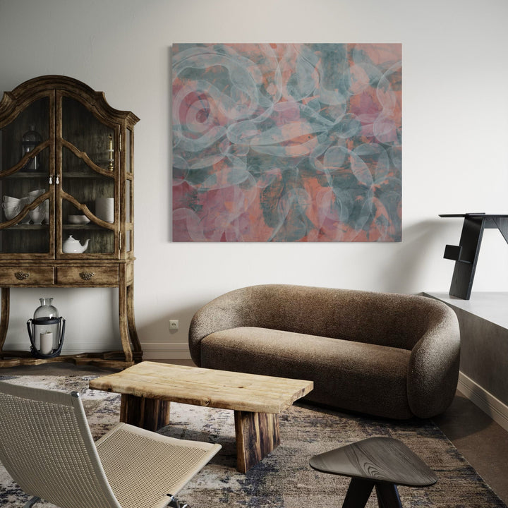 The artwork 'Meditation 11' by Carin Kulb Dangot features ethereal swirling patterns in soft coral pink and muted teal blue, creating a dreamy abstract composition. The large-scale acrylic painting showcases fluid brushstrokes and layered transparency, evoking a sense of peaceful movement against a light background. By Carin Kulb Dangot.