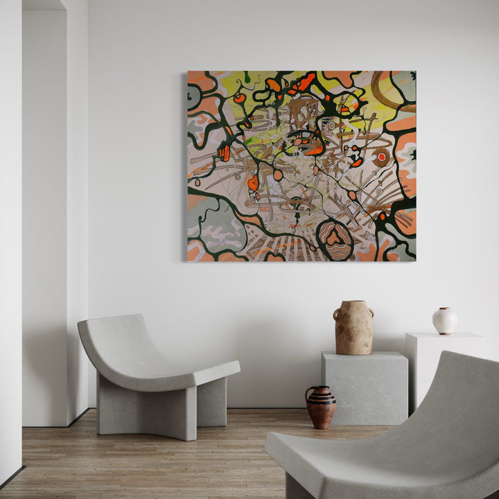 The artwork 'Meditation and Chaos' by Devin Ruiz features an abstract composition with dynamic black curving lines interweaving across the canvas, complemented by soft orange and green accents. The mixed media piece showcases a map-like structure with organic shapes and flowing patterns, creating a balance between structured elements and spontaneous artistic expression. 50x60 inches on canvas.