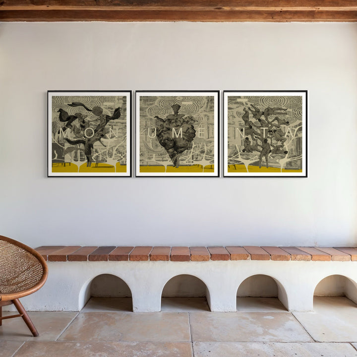 The artwork, Monumenta Triptych, by Steve Moors, displayed in a room.