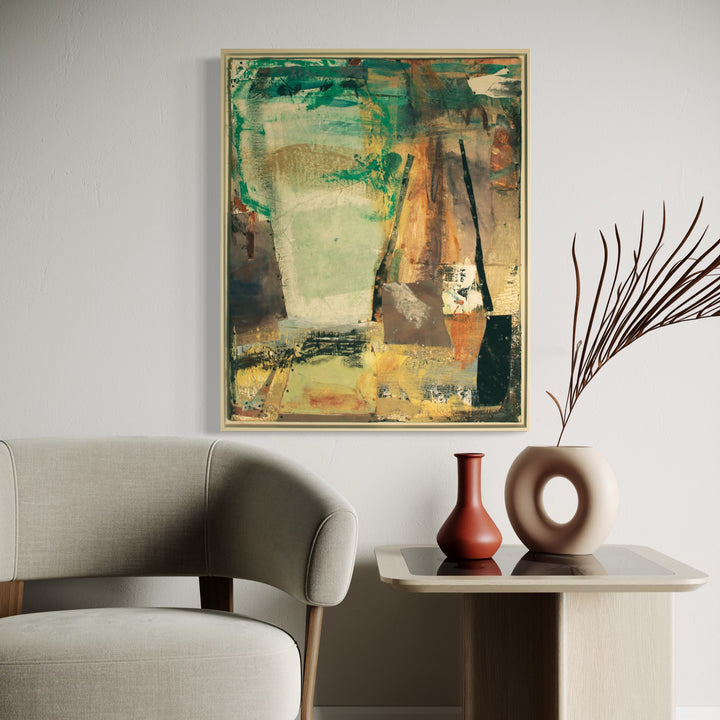 The artwork 'Mystic Nature' by Christopher Blyth features an abstract composition in encaustic and mixed media, displaying earthy tones of amber, green, and brown. The piece showcases textural layers with geometric forms emerging from a weathered background, framed in gold. The painting's distressed surface creates a contemplative, organic feel that evokes natural landscapes and ancient textures.