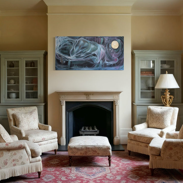 The artwork 'Naked IV-Rebirth' by Crystal Marshall features ethereal swirls of turquoise and lavender against a dark background, with a luminous full moon in the upper right corner. The abstract mixed media piece showcases flowing, ghostly forms creating a dreamlike atmosphere. Mounted above a classic fireplace, this 49x24 inch artwork creates a striking focal point with its mystical and fluid composition.