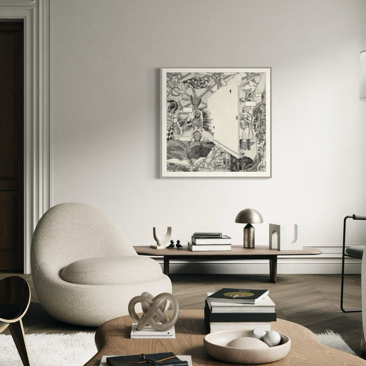 The artwork 'Nonidentical #1' by Steve Moors features an intricate black and white digital composition displayed in a modern minimalist living space. The abstract artwork, framed in white, hangs on a pale wall above a low wooden table, showcasing complex geometric patterns and layered imagery in monochromatic tones. Museum-quality print, 40x40 inches. By Steve Moors.