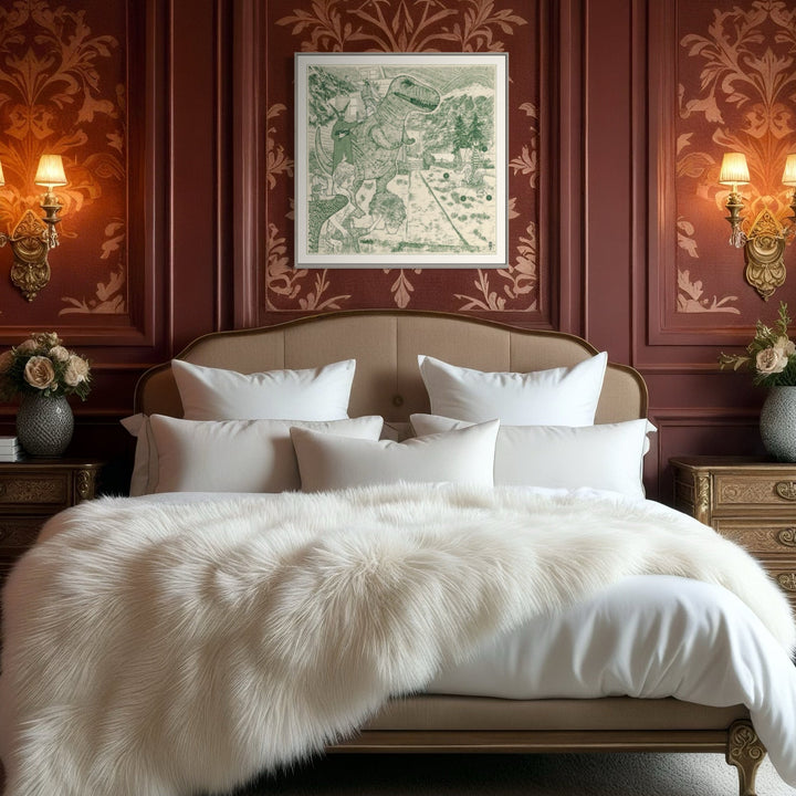 The artwork 'Nonidentical #3' by Steve Moors features a monochromatic green map-like digital print, elegantly framed and displayed above a luxurious bed setting. The artwork presents abstract geographical patterns and linear elements printed on museum-grade paper, creating a sophisticated focal point against rich burgundy damask walls. Steve Moors.