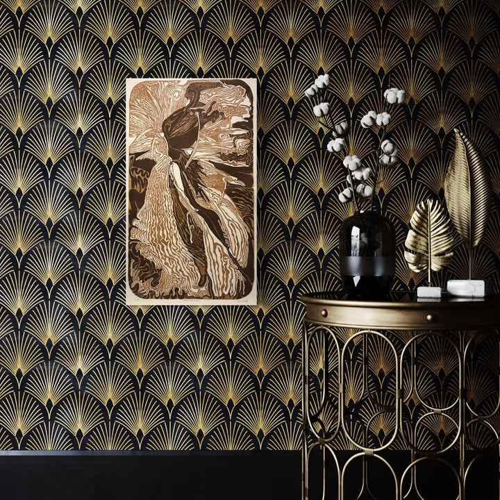 The artwork 'Not the End' by Jeff White features a striking reduction woodcut on handmade kozo paper depicting a crow or raven in mid-flight rendered in sepia tones. The bird appears dynamic against a textured background, showcasing intricate carved details. The piece is displayed on an art deco-style wallpaper with fan patterns in black and gold. By Jeff White.