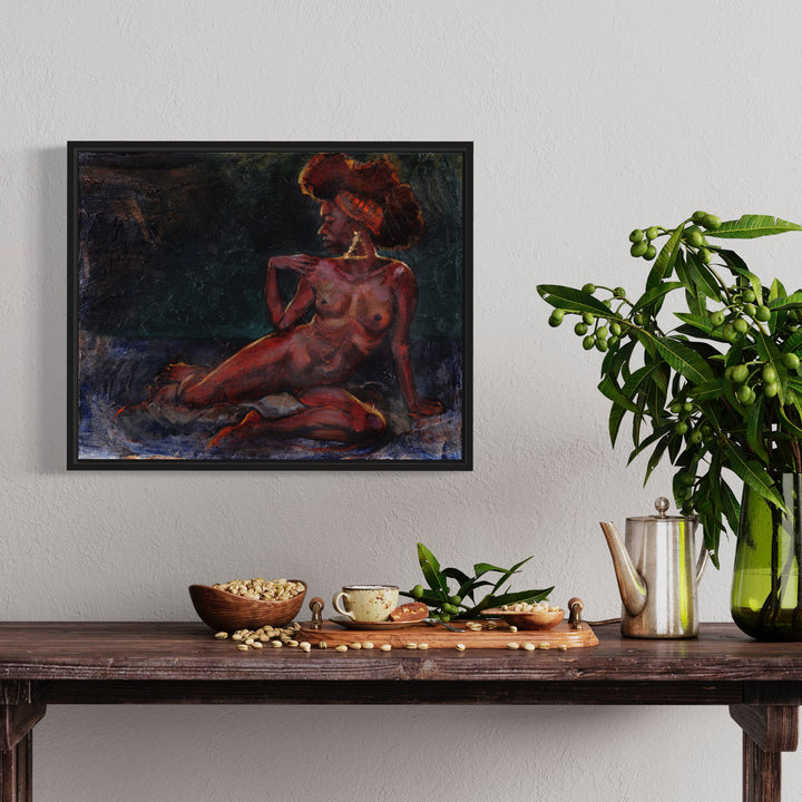 The artwork 'Nude with Golden Earrings' by JaeMe Bereal features an artistic figure rendered in rich burgundy tones against a dark background. The 16x20 acrylic painting employs expressive brushstrokes creating a dynamic composition with dramatic contrast and moody atmosphere.