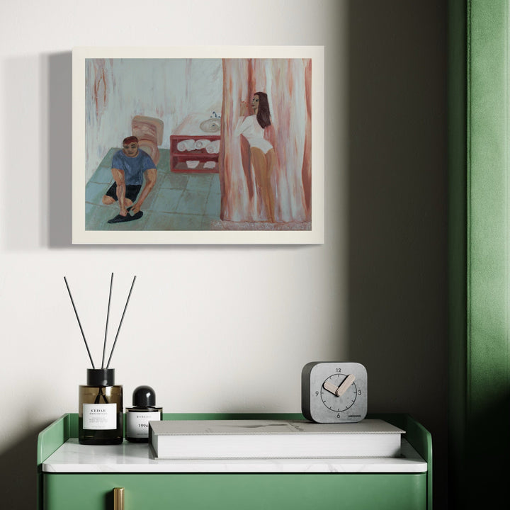 The artwork 'OCD Never Looked So Good' features a minimalist interior scene painted in soft pastels. A wooden cabinet with decorative plates stands against a coral-pink wall, while blue-tiled flooring creates a cool contrast. The oil painting on canvas showcases gentle brushstrokes and a delicate color palette, capturing a serene domestic moment. By Ali Ha.