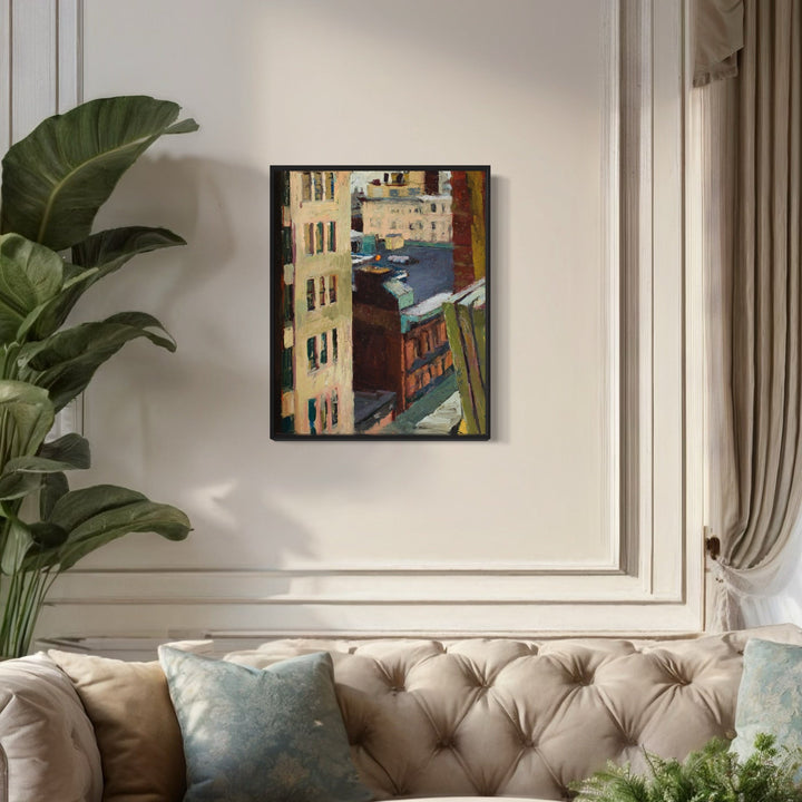 The artwork 'Orange Light' by Marianne Barcellona depicts an urban cityscape with tall buildings in warm hues, featuring dramatic angular perspectives of building facades. Oil painting captures rich terracotta, ochre, and deep blue tones, with architectural details rendered in bold brushstrokes on canvas, creating a striking vertical composition measuring 24x30 inches.