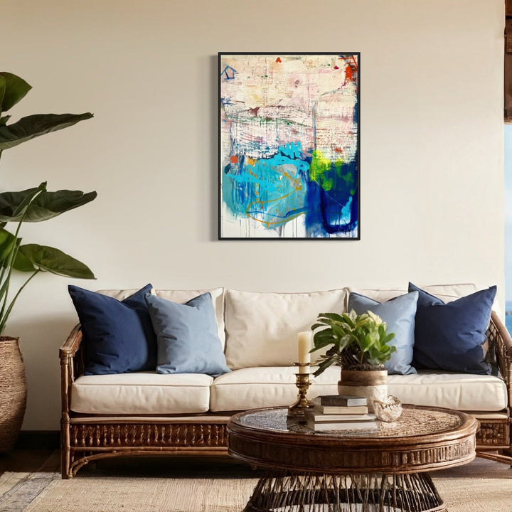 The artwork 'Paramour' by Jodi Fuchs features an abstract composition with vibrant turquoise and deep blue watercolor-like effects flowing beneath a textured off-white surface with subtle red and green accents. The mixed media piece combines house paint and acrylic, creating a dynamic interplay of drips and gestural marks in a modern, expressionist style.