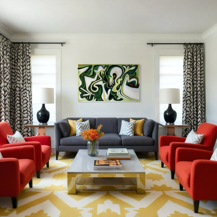 The artwork 'Pastoral State' by Jeff White features bold abstract swirls in vibrant green and white, creating a dynamic fluid pattern. Displayed in a modern living room above a gray sofa, the piece harmoniously complements the room's yellow geometric rug, red armchairs, and patterned curtains. Created with acrylic gouache, wax pastel, and colored pencil on Fabriano Artistico paper.