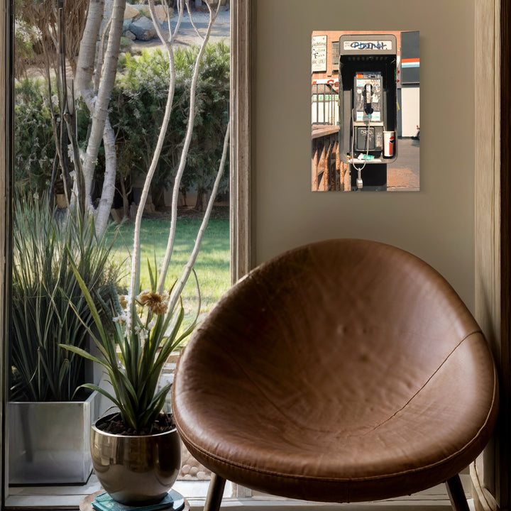 The artwork 'Pepsi:Salems' captures a retro corner store entrance with a Pepsi vending machine visible through a glass doorway. The composition features strong architectural lines, commercial signage, and urban elements in muted tones, creating a nostalgic Americana feel. 30x20 inches signed photo by Dirk Westphal.