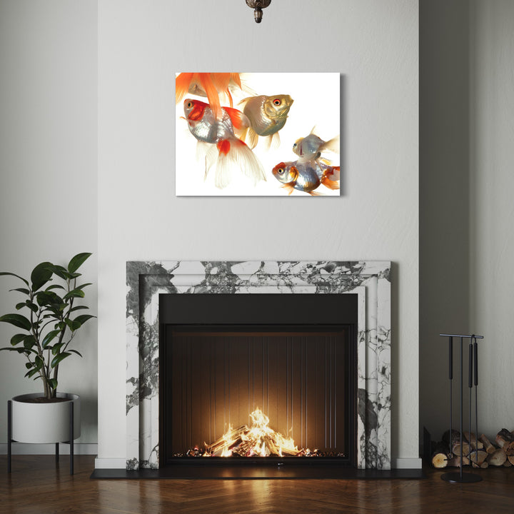 The artwork 'Perception of Incongruity' by Dirk Westphal features delicate watercolor goldfish in vibrant orange and gold hues swimming gracefully against a stark white background. The composition captures the fluid movement and translucent fins of the fish, displayed above a marble-framed fireplace in a modern interior setting.