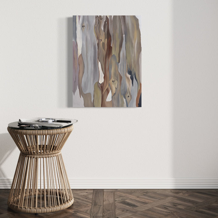 The artwork 'Pervasive Eucalyptus' by Taylor Stoneman features abstract flowing patterns resembling eucalyptus bark, rendered in muted tones of gray, brown, and cream. The oil on linen painting showcases organic, vertical striations that create a dynamic interplay of light and shadow, capturing the natural texture and peeling layers characteristic of eucalyptus trees.