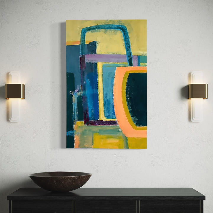 Artwork 'Portal 8' by Don Wass features abstract geometric shapes in vibrant colors. Bold turquoise arches and rectangular forms contrast against yellow and peach backgrounds. The acrylic painting on canvas showcases expressive brushstrokes and layered composition, creating a modern architectural aesthetic. - By Don Wass