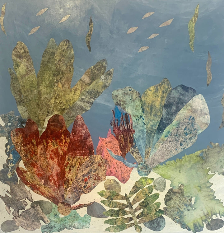 A photo of the artwork Reef, by Sunny Chapman, hanging on a wall.