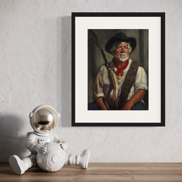 The artwork 'Rifleman' by JaeMe Bereal depicts a classic Western scene in rich, moody tones. A figure in traditional frontier attire wearing a dark hat, white shirt, and red neckerchief stands against a dark olive background. The painting showcases masterful brushwork in acrylic on board, with dramatic lighting and authentic period details. Framed artwork measures 16x12 inches. By JaeMe Bereal.