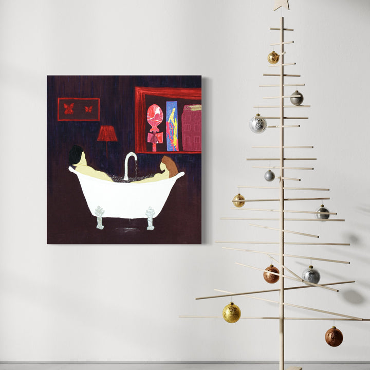 The artwork 'Rub a Dub, Dub in the LV Nomad Tub' features a whimsical collage depicting a classic white clawfoot bathtub against a dark burgundy background. Fabric applique shows a vintage-style bathroom scene with a red table lamp and window frame. Mixed media combines sewn fabric with acrylic paint details, creating textural depth. By Ali Ha.